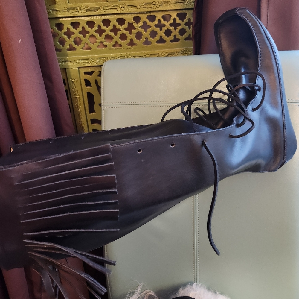 GUCCI Tom Ford RUNWAY '99 Black Lace Up Knee Fringe Leather Moccasin Boots 10m - Picture 15 of 16